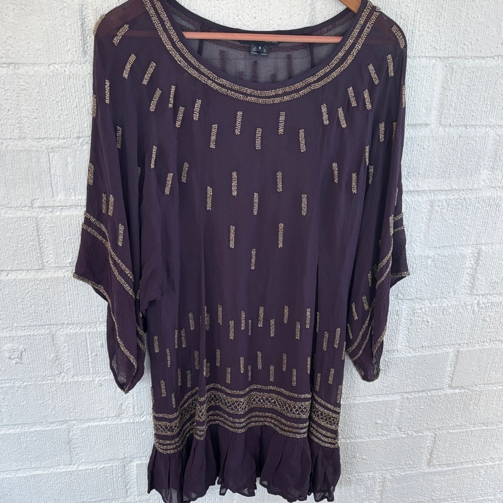 French Connection Beaded Sheer Purple Tunic Dress sz 8